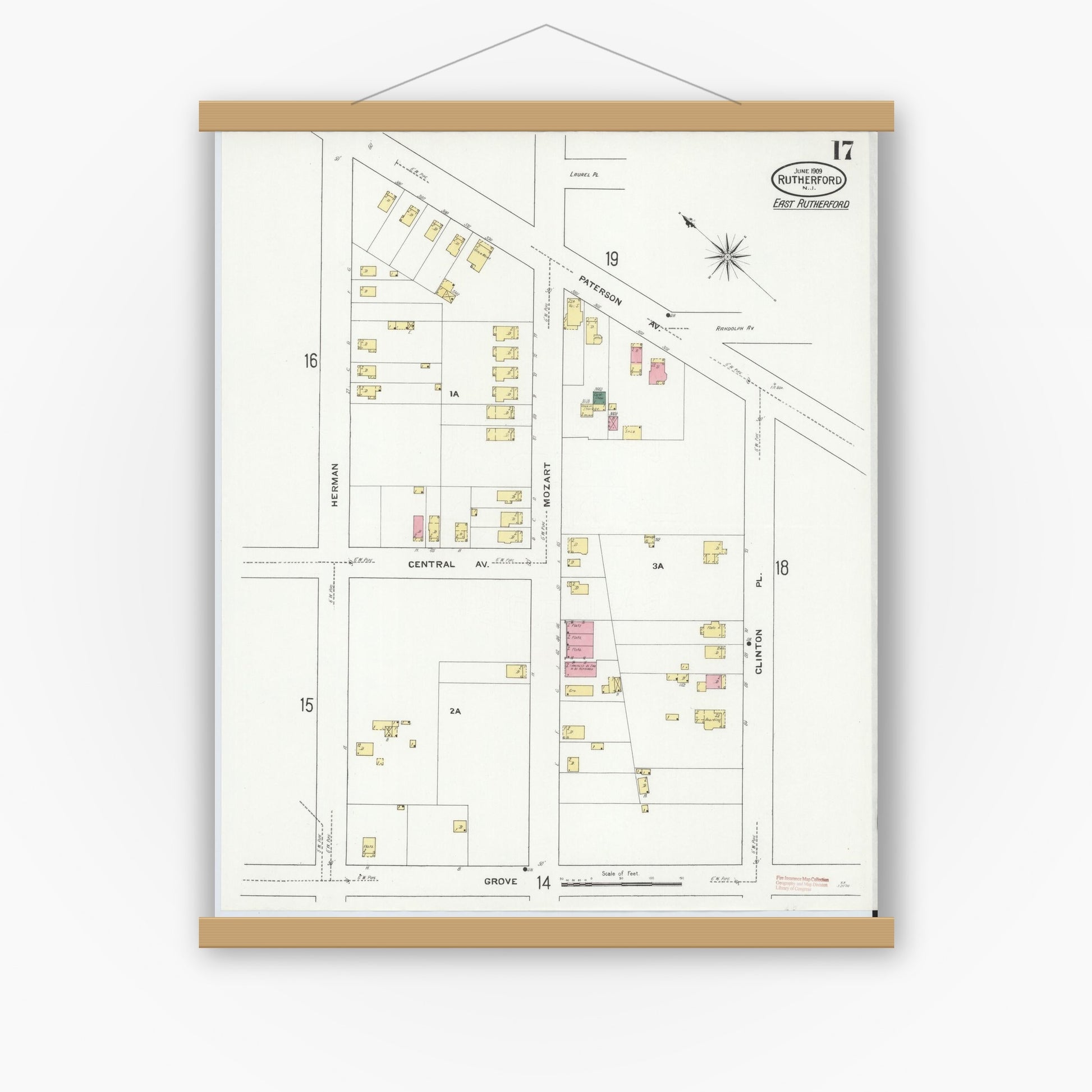 Old map wall art mockup — magnetic wood frame on white wall — Sanborn Fire Insurance Map from Rutherford, Bergen County, New Jersey (1909), Sheet #0017