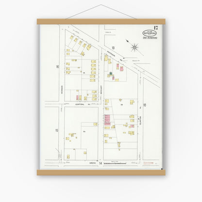 Old map wall art mockup — magnetic wood frame on white wall — Sanborn Fire Insurance Map from Rutherford, Bergen County, New Jersey (1909), Sheet #0017