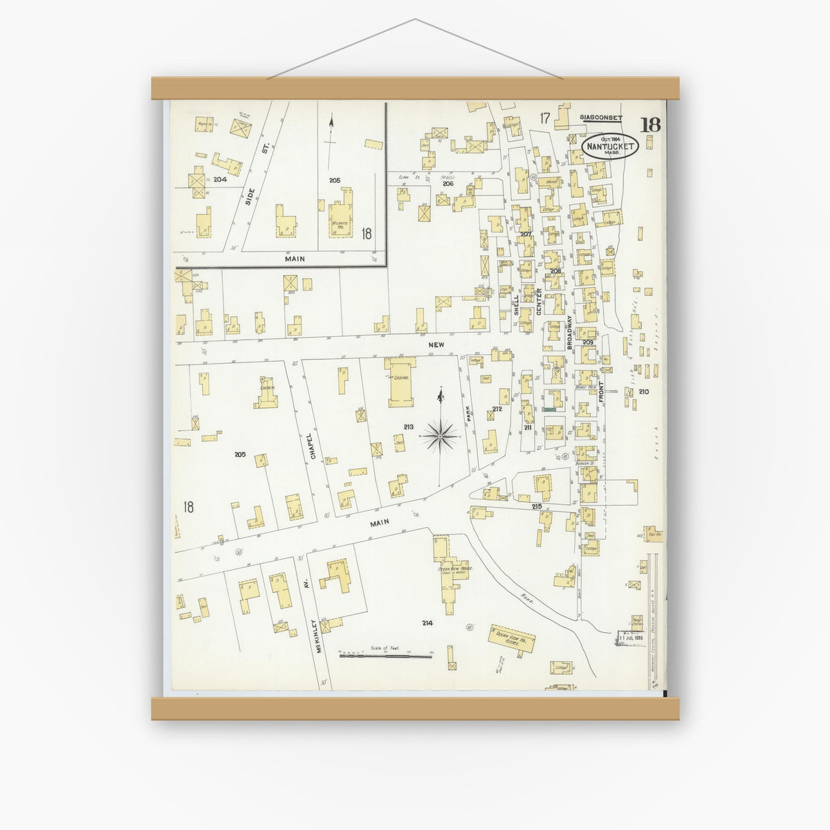Old map wall art mockup — magnetic wood frame on white wall — Sanborn Fire Insurance Map from Nantucket, Nantucket County, Massachusetts (1904), Sheet #0018