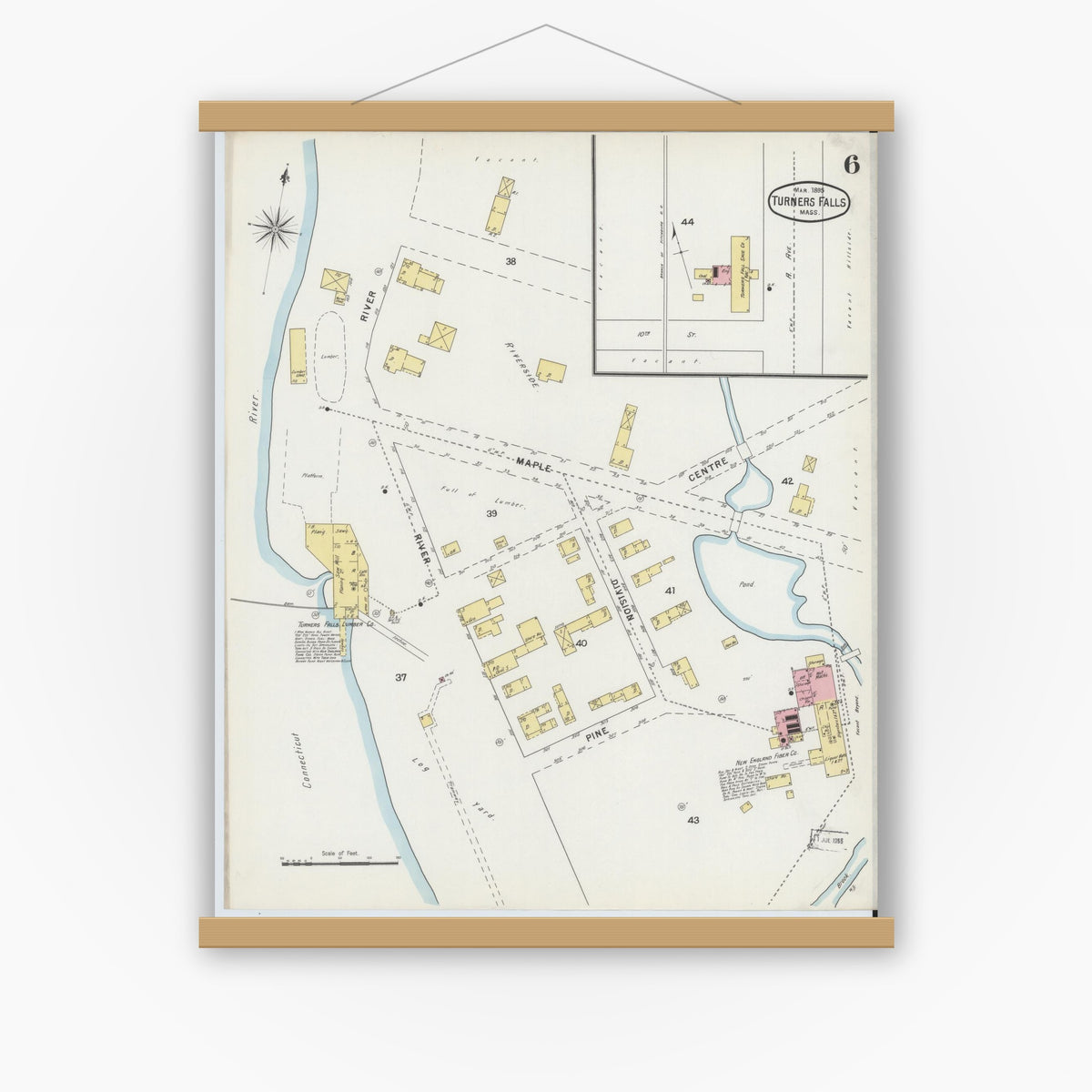 Old map wall art mockup — magnetic wood frame on white wall — Sanborn Fire Insurance Map from Turners Falls, Franklin County, Massachusetts (1895), Sheet #0006