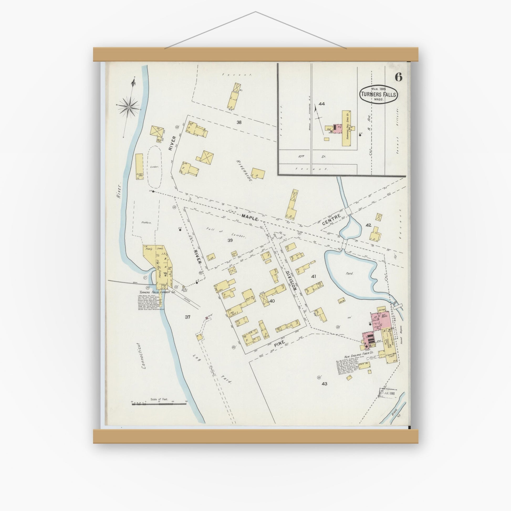 Old map wall art mockup — magnetic wood frame on white wall — Sanborn Fire Insurance Map from Turners Falls, Franklin County, Massachusetts (1895), Sheet #0006