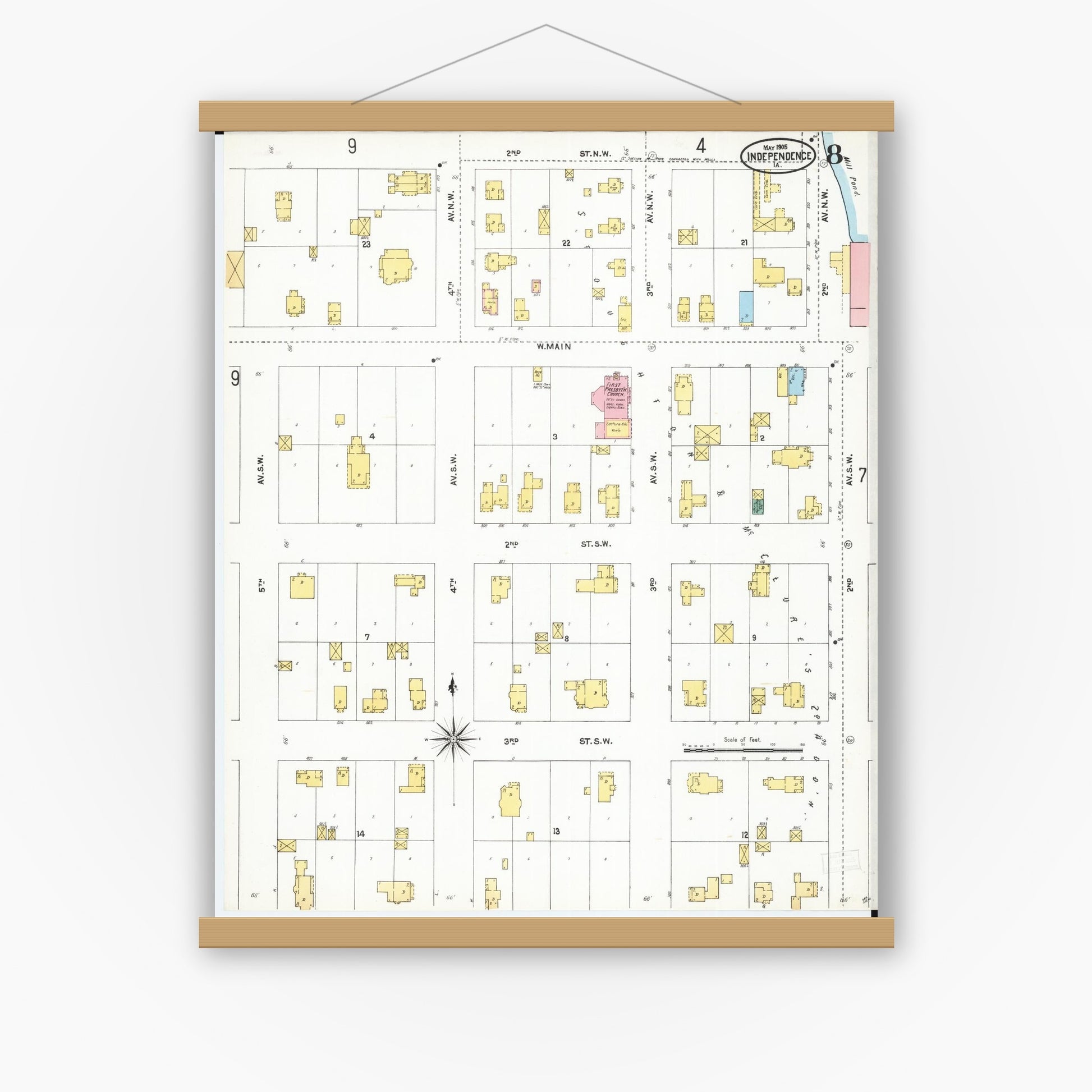 Old map wall art mockup — magnetic wood frame on white wall — Sanborn Fire Insurance Map from Independence, Buchanan County, Iowa (1905), Sheet #0008