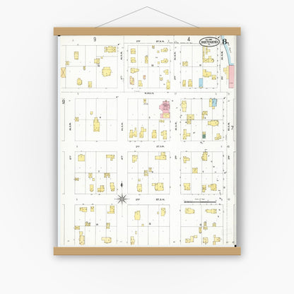 Old map wall art mockup — magnetic wood frame on white wall — Sanborn Fire Insurance Map from Independence, Buchanan County, Iowa (1905), Sheet #0008