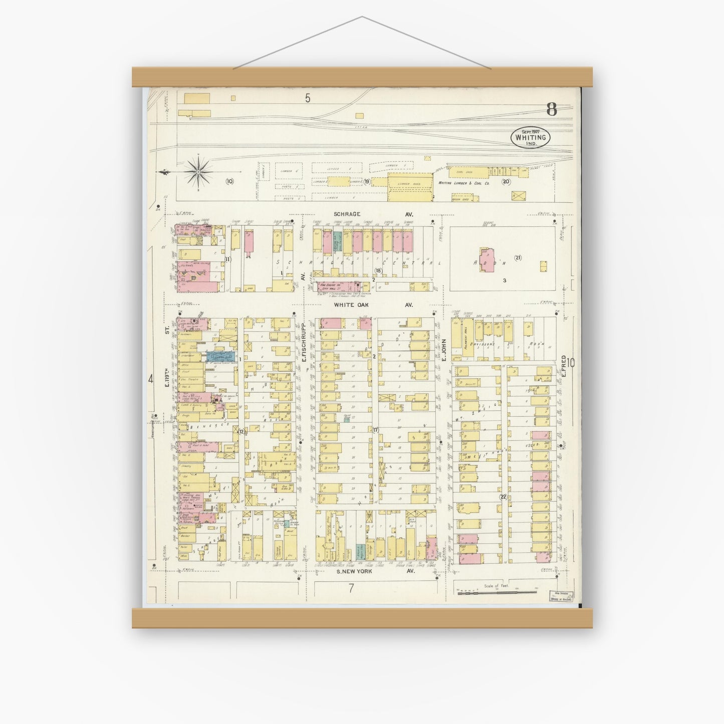 Old map wall art mockup — magnetic wood frame on white wall — Sanborn Fire Insurance Map from Whiting, Lake County, Indiana (1907), Sheet #0008