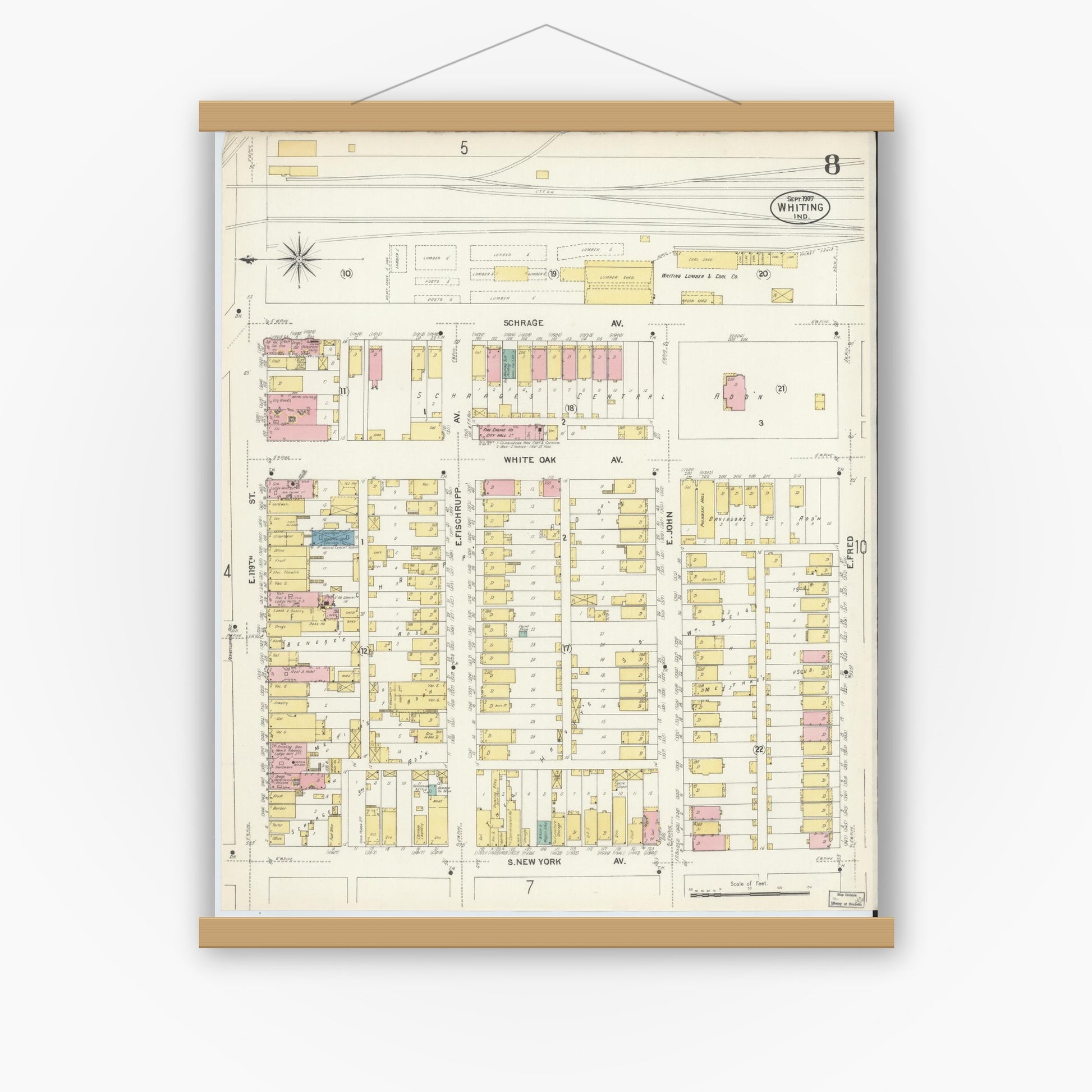 Old map wall art mockup — magnetic wood frame on white wall — Sanborn Fire Insurance Map from Whiting, Lake County, Indiana (1907), Sheet #0008