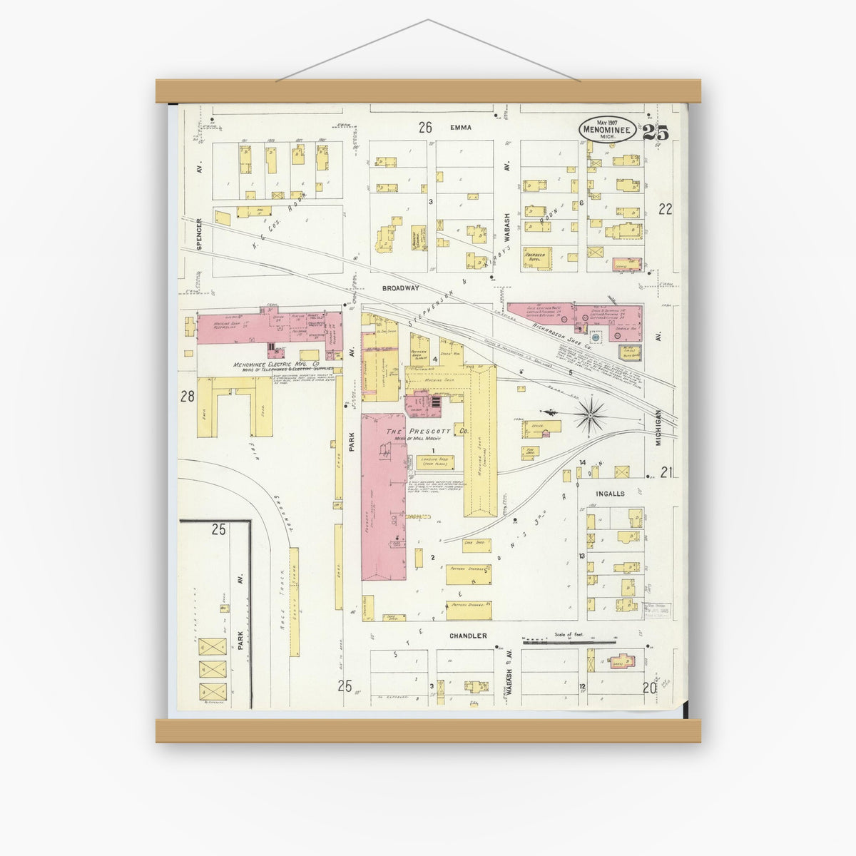 Old map wall art mockup — magnetic wood frame on white wall — Sanborn Fire Insurance Map from Menominee, Menominee County, Michigan (1907), Sheet #0025