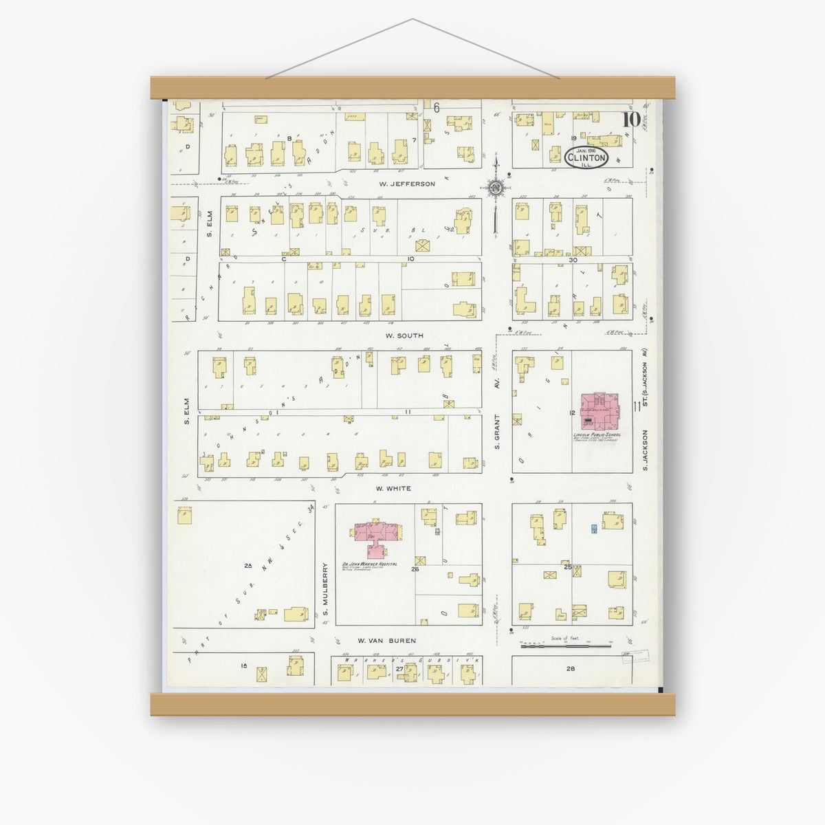 Old map wall art mockup — magnetic wood frame on white wall — Sanborn Fire Insurance Map from Clinton, De Witt County, Illinois (1916), Sheet #0010