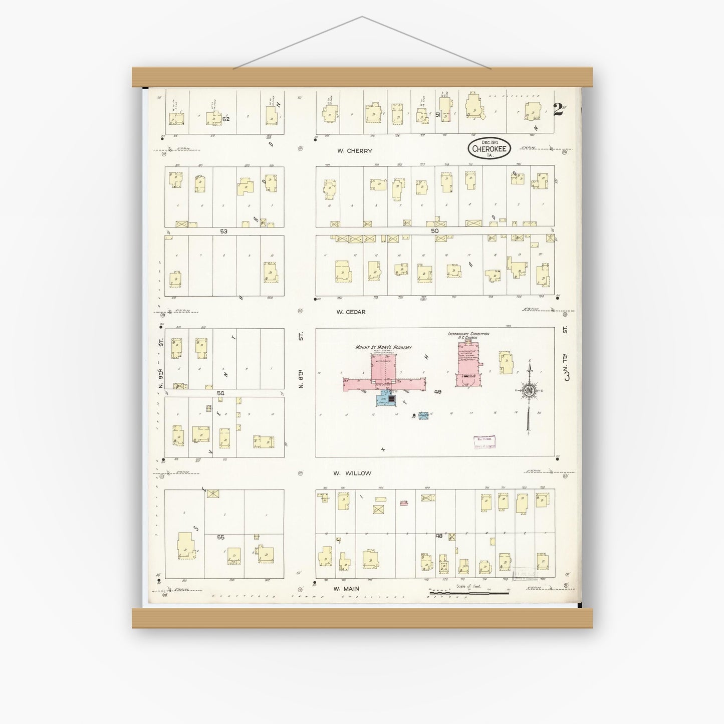 Old map wall art mockup — magnetic wood frame on white wall — Sanborn Fire Insurance Map from Cherokee, Cherokee County, Iowa (1914), Sheet #0002