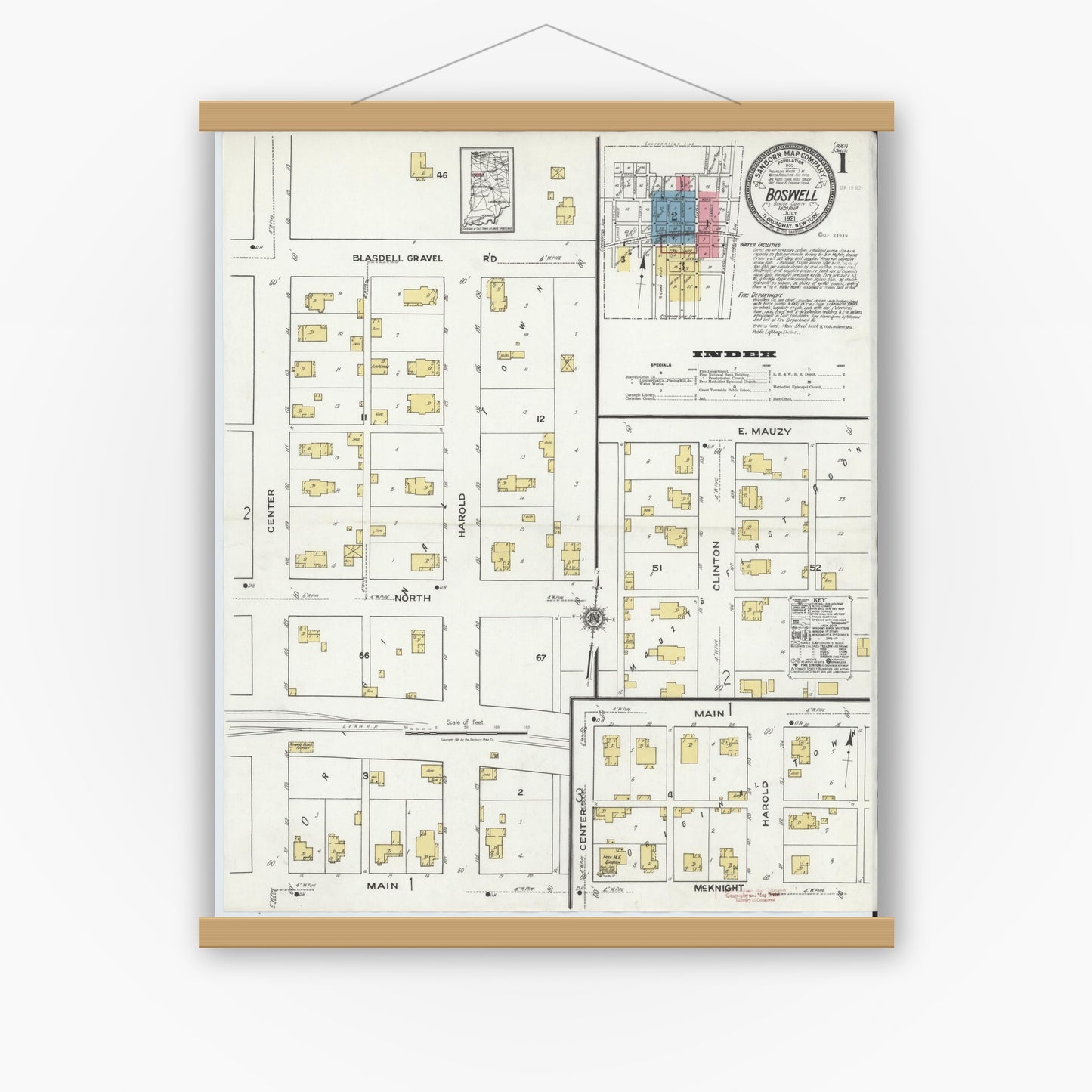 Old map wall art mockup — magnetic wood frame on white wall — Sanborn Fire Insurance Map from Boswell, Benton County, Indiana (1921), Sheet #0001