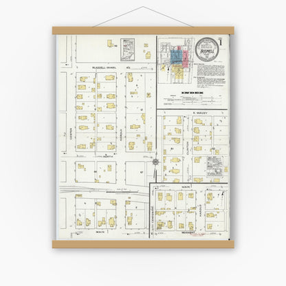 Old map wall art mockup — magnetic wood frame on white wall — Sanborn Fire Insurance Map from Boswell, Benton County, Indiana (1921), Sheet #0001
