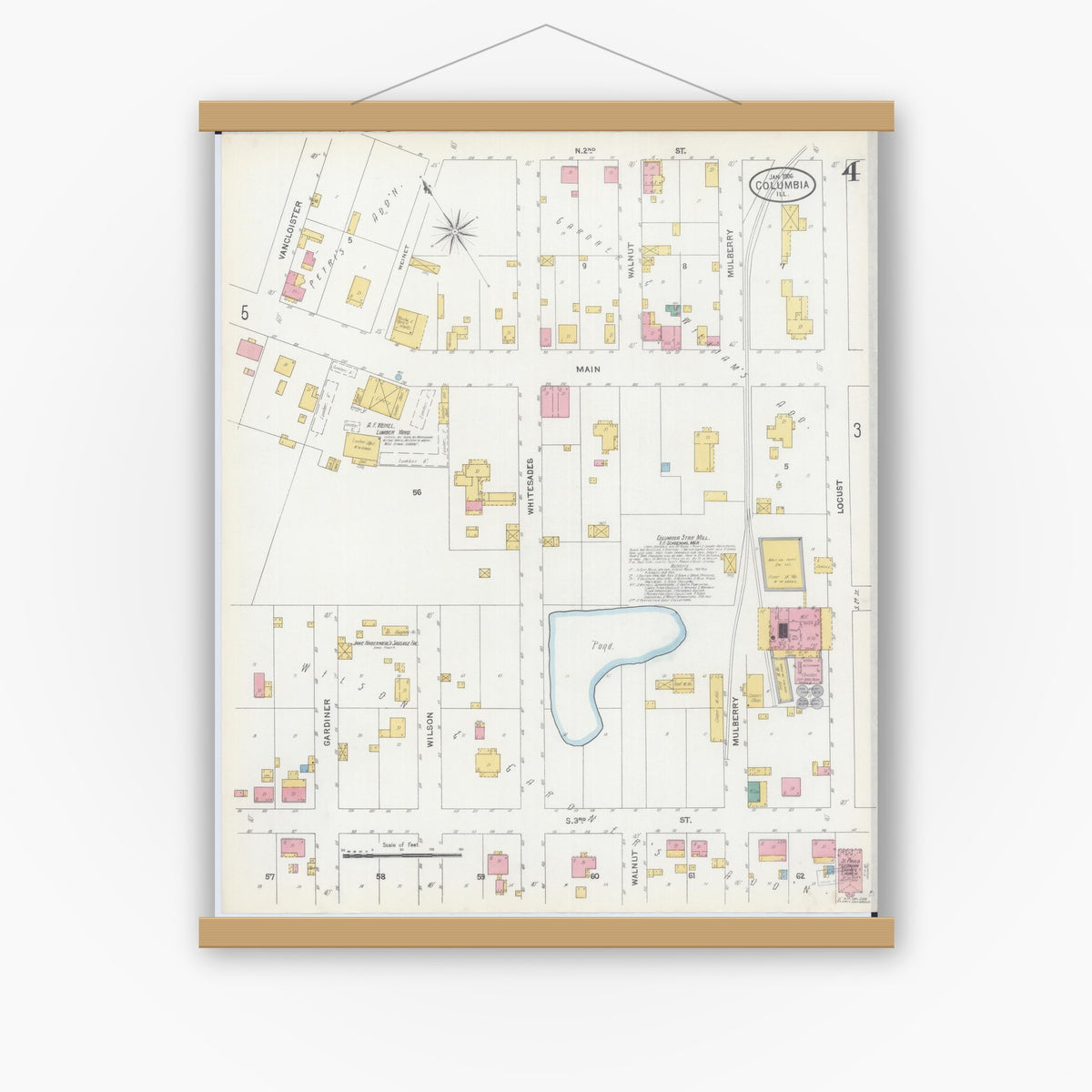 Old map wall art mockup — magnetic wood frame on white wall — Sanborn Fire Insurance Map from Columbia, Monroe County, Illinois (1906), Sheet #0004