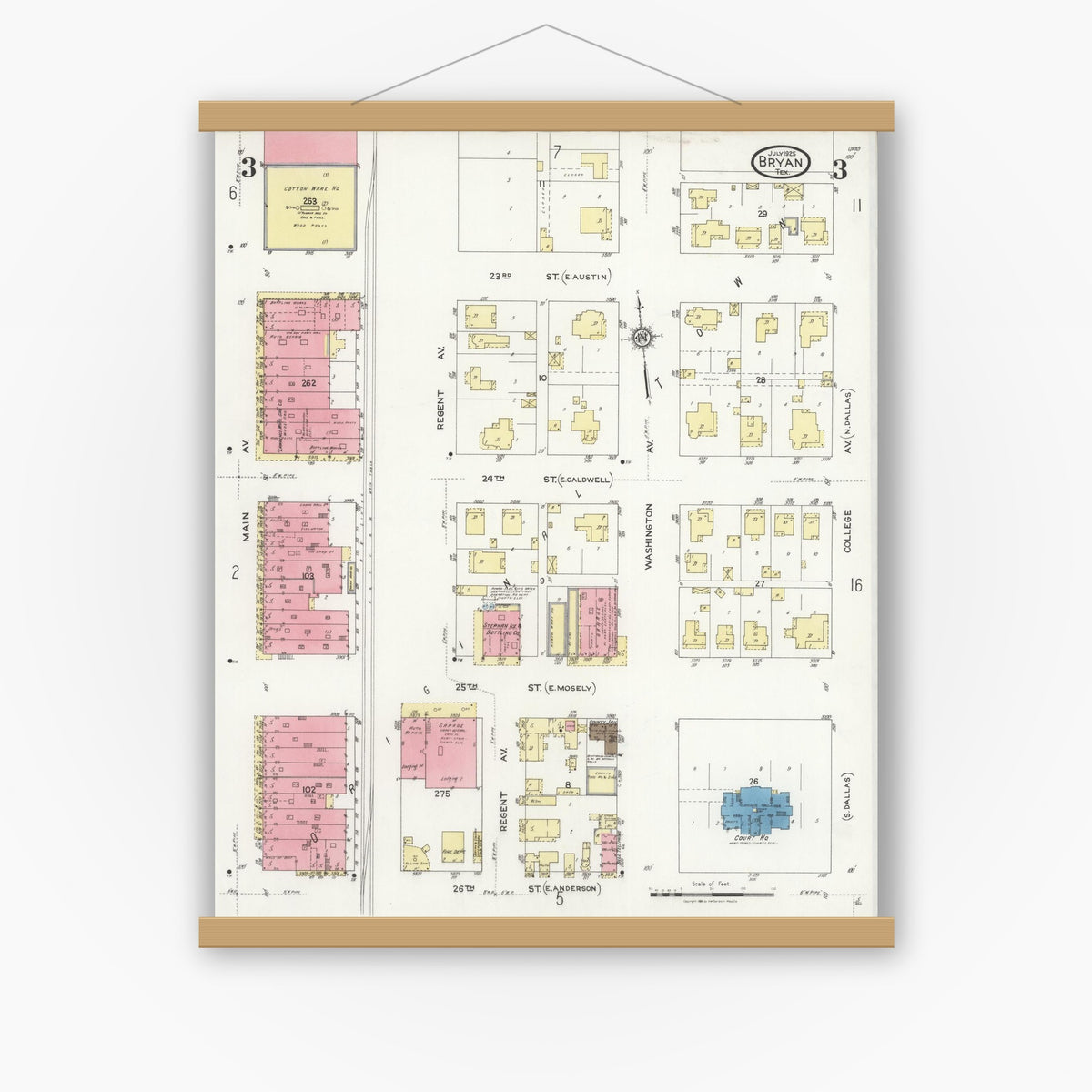 Old map wall art mockup — magnetic wood frame on white wall — Sanborn Fire Insurance Map from Bryan, Brazos County, Texas (1925), Sheet #0003