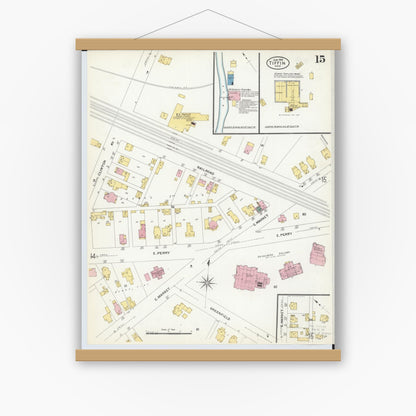 Old map wall art mockup — magnetic wood frame on white wall — Sanborn Fire Insurance Map from Tiffin, Seneca County, Ohio (1908), Sheet #0015