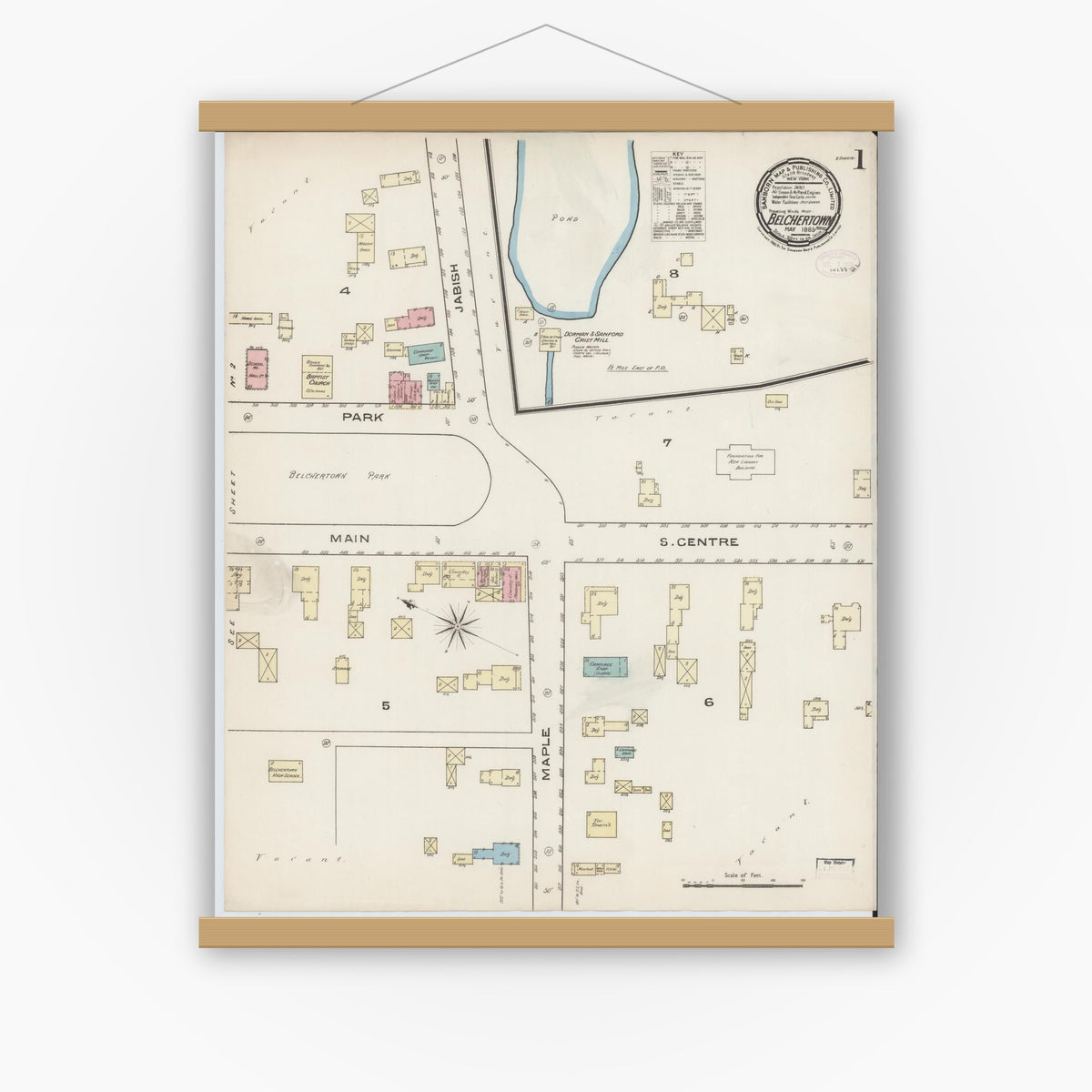 Old map wall art mockup — magnetic wood frame on white wall — Sanborn Fire Insurance Map from Belchertown, Hampshire County, Massachusetts (1885) - Complete Map Set