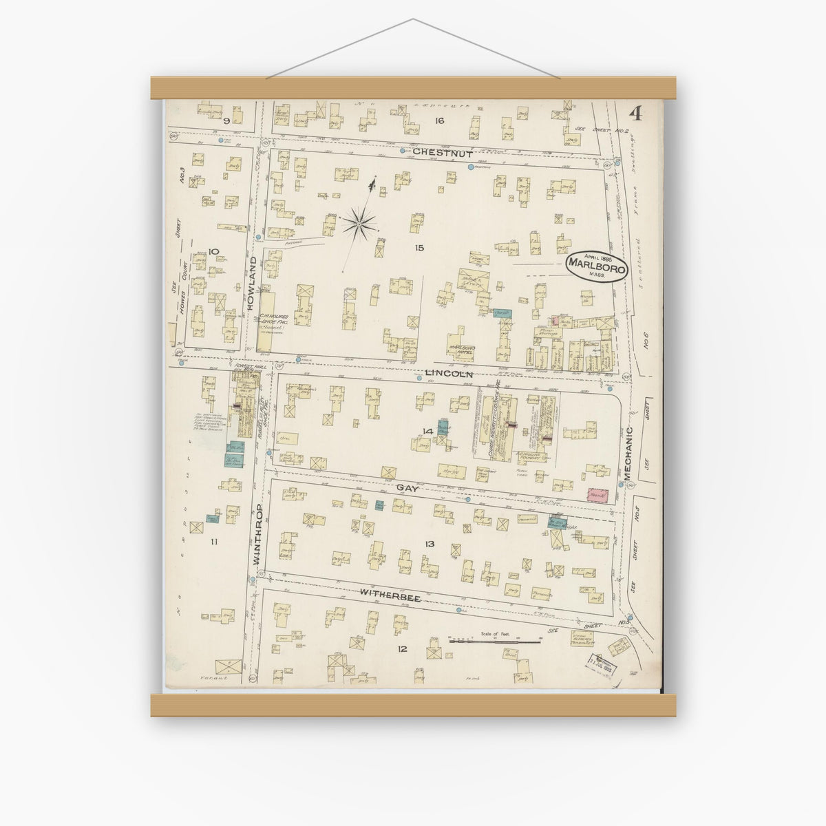 Old map wall art mockup — magnetic wood frame on white wall — Sanborn Fire Insurance Map from Marlborough, Middlesex County, Massachusetts (1885), Sheet #0004