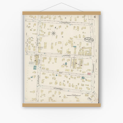 Old map wall art mockup — magnetic wood frame on white wall — Sanborn Fire Insurance Map from Marlborough, Middlesex County, Massachusetts (1885), Sheet #0004