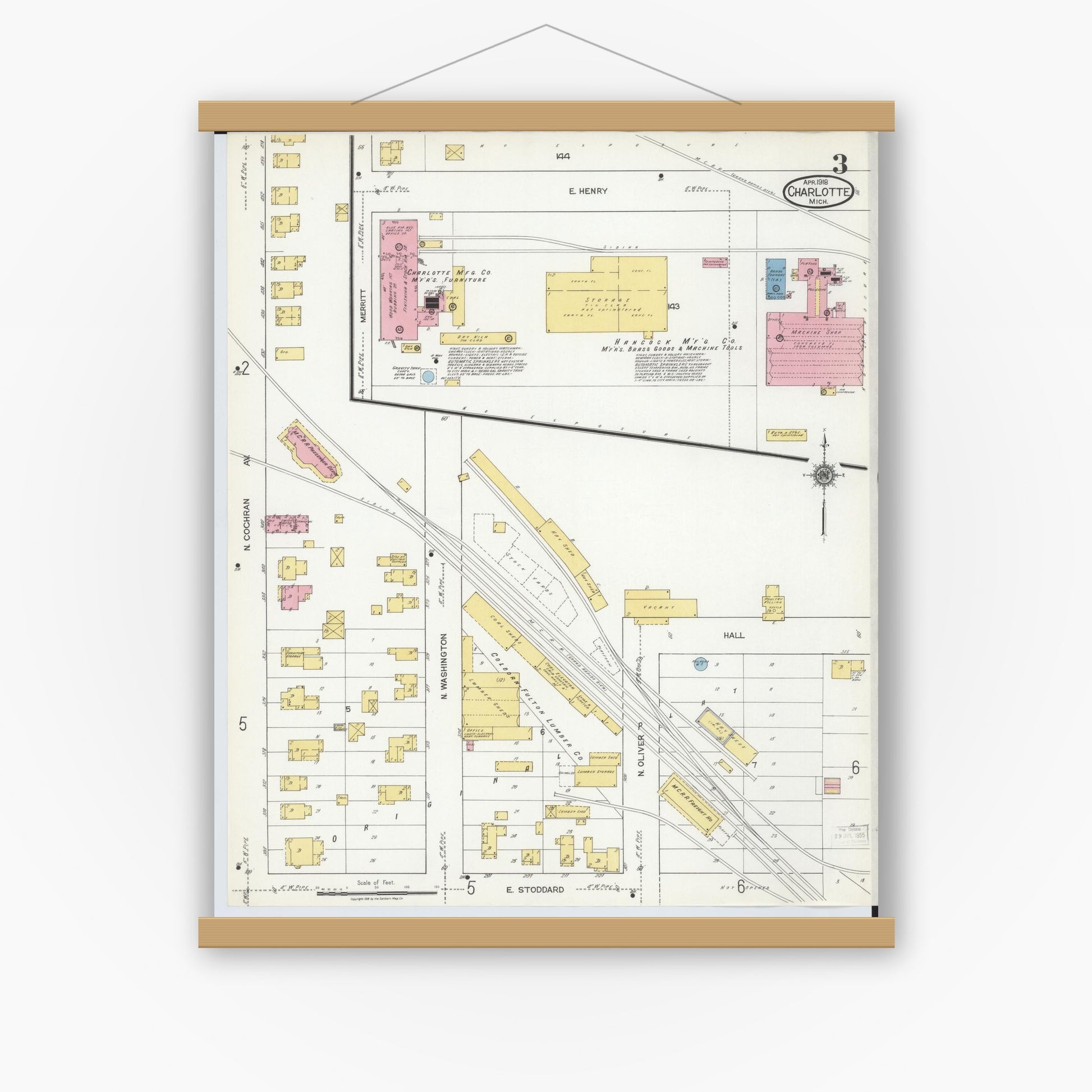 Old map wall art mockup — magnetic wood frame on white wall — Sanborn Fire Insurance Map from Charlotte, Eaton County, Michigan (1918), Sheet #0003