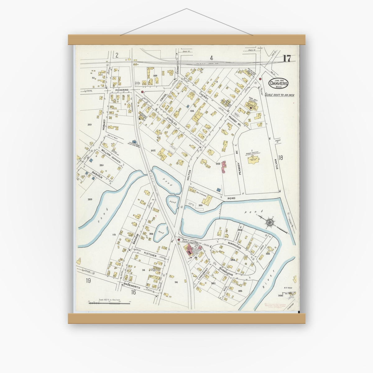 Old map wall art mockup — magnetic wood frame on white wall — Sanborn Fire Insurance Map from Danvers, Essex County, Massachusetts (1916), Sheet #0017