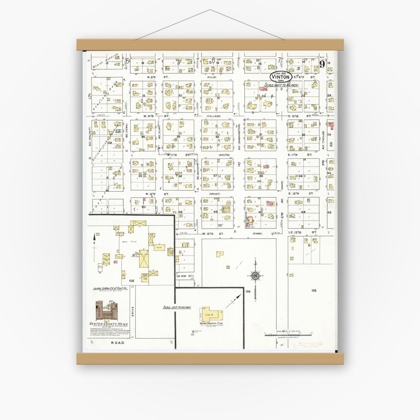 Old map wall art mockup — magnetic wood frame on white wall — Sanborn Fire Insurance Map from Vinton, Benton County, Iowa (1921), Sheet #0009