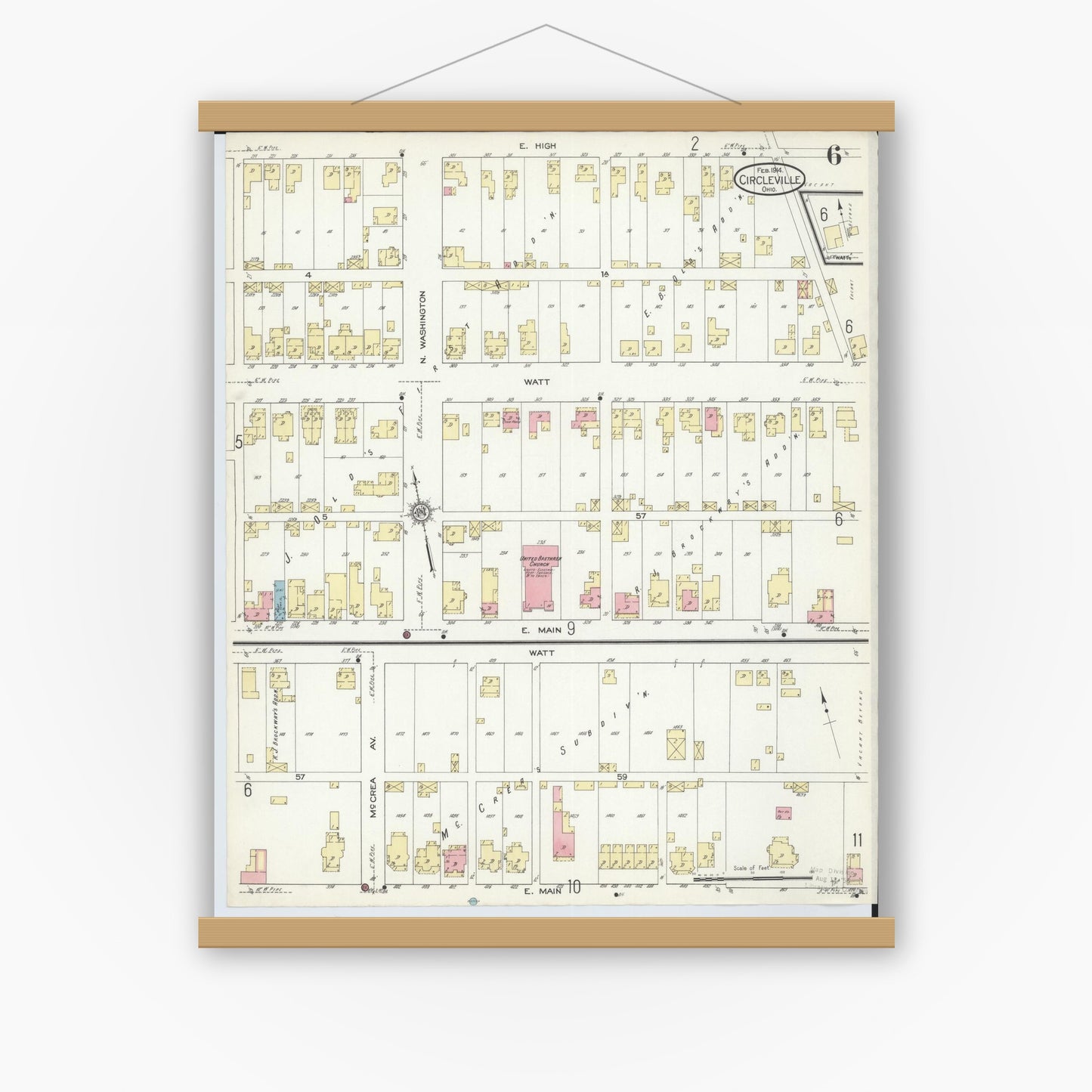 Old map wall art mockup — magnetic wood frame on white wall — Sanborn Fire Insurance Map from Circleville, Pickaway County, Ohio (1914), Sheet #0006