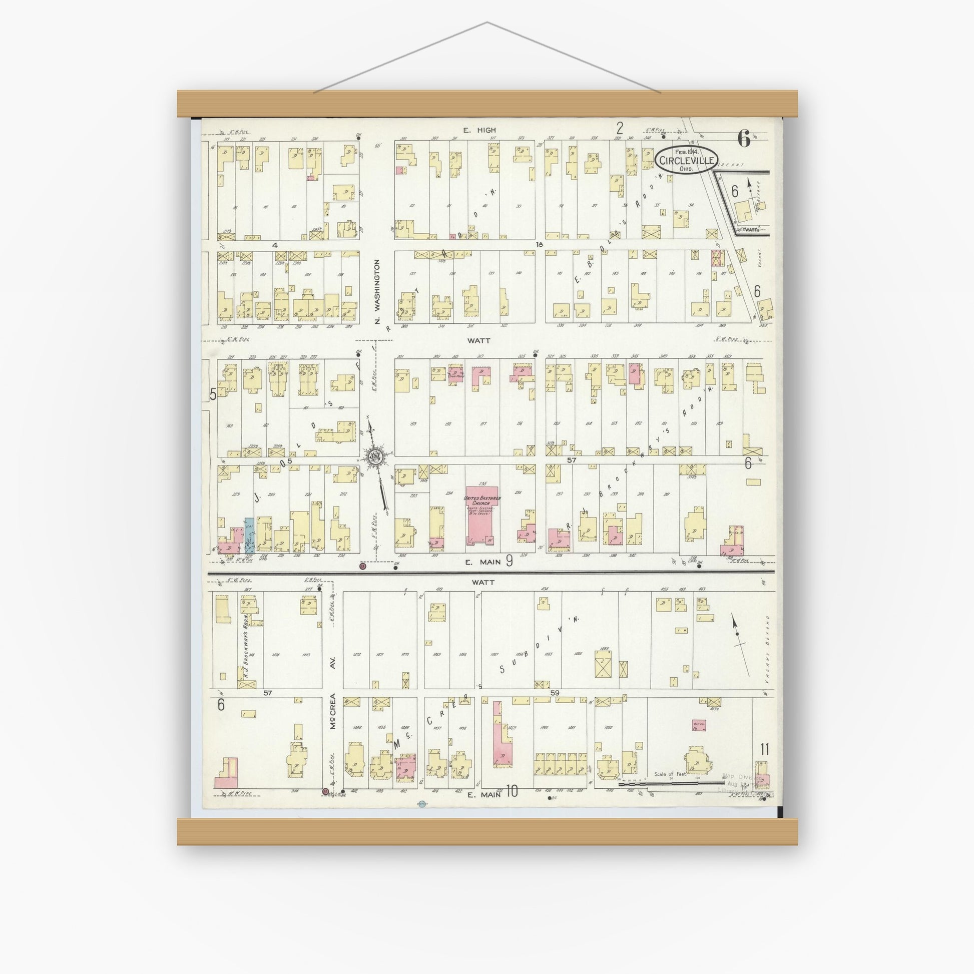 Old map wall art mockup — magnetic wood frame on white wall — Sanborn Fire Insurance Map from Circleville, Pickaway County, Ohio (1914), Sheet #0006