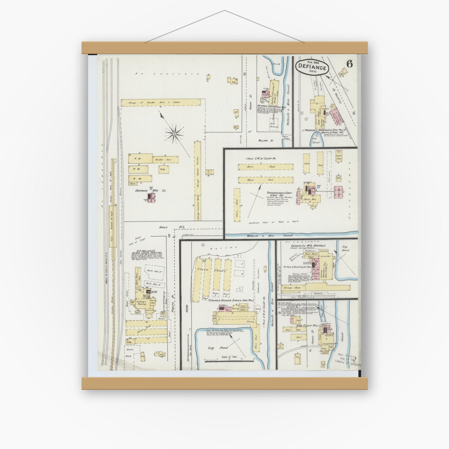Old map wall art mockup — magnetic wood frame on white wall — Sanborn Fire Insurance Map from Defiance, Defiance County, Ohio (1888), Sheet #0006
