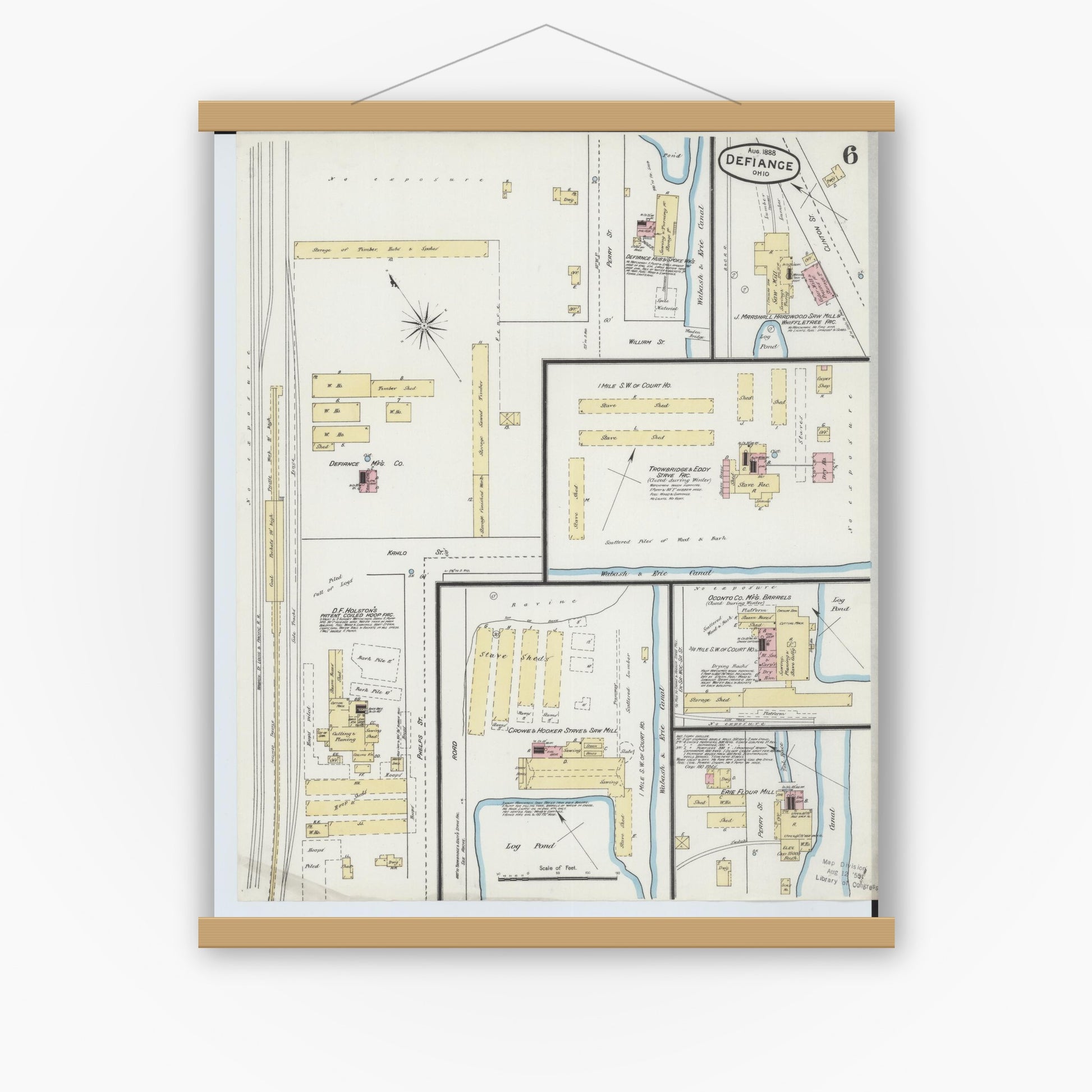 Old map wall art mockup — magnetic wood frame on white wall — Sanborn Fire Insurance Map from Defiance, Defiance County, Ohio (1888), Sheet #0006