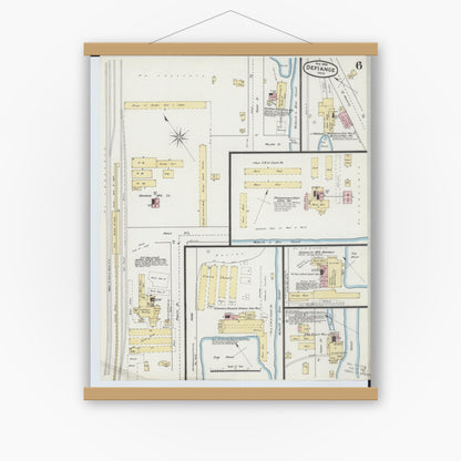 Old map wall art mockup — magnetic wood frame on white wall — Sanborn Fire Insurance Map from Defiance, Defiance County, Ohio (1888), Sheet #0006
