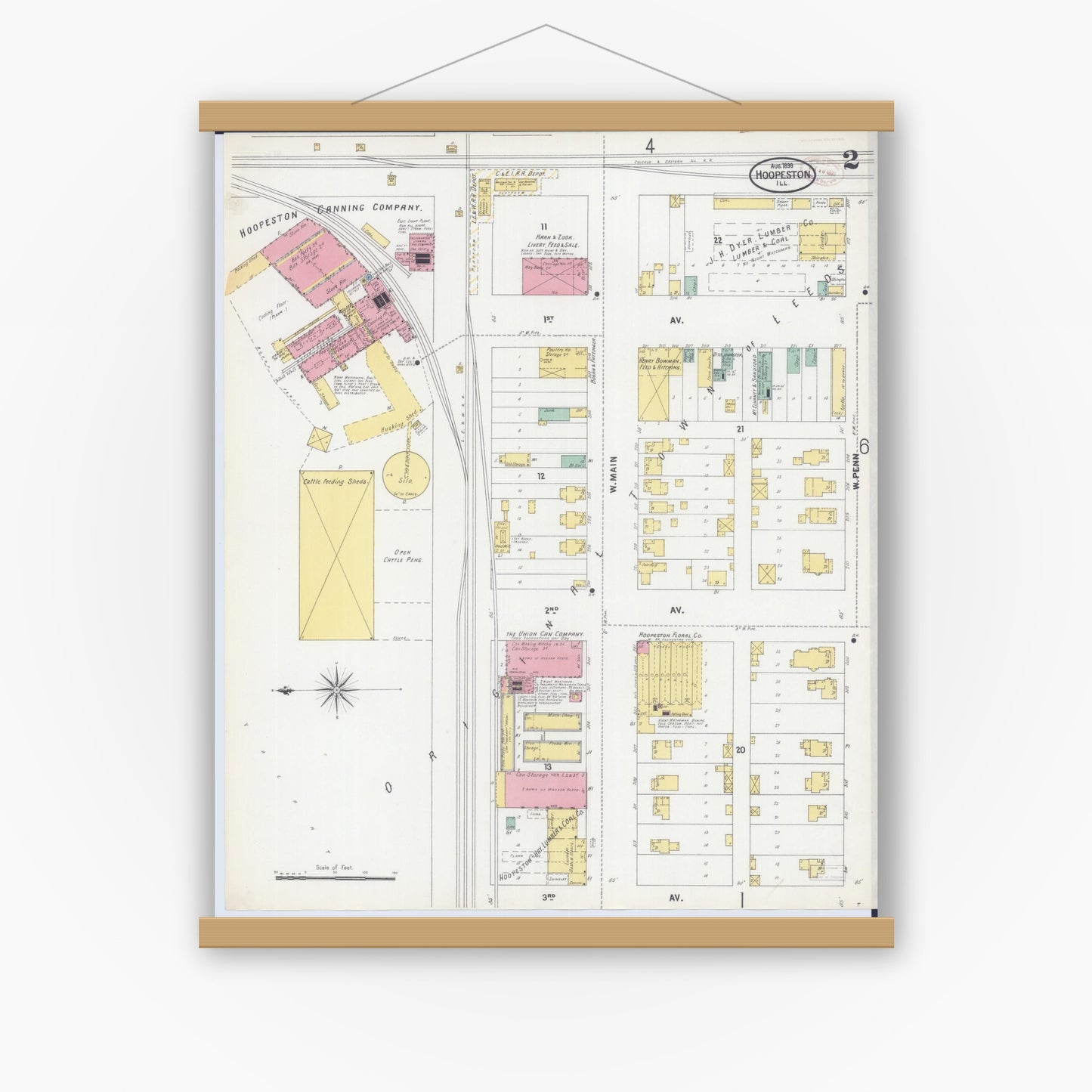 Old map wall art mockup — magnetic wood frame on white wall — Sanborn Fire Insurance Map from Hoopeston, Vermilion County, Illinois (1899), Sheet #0002