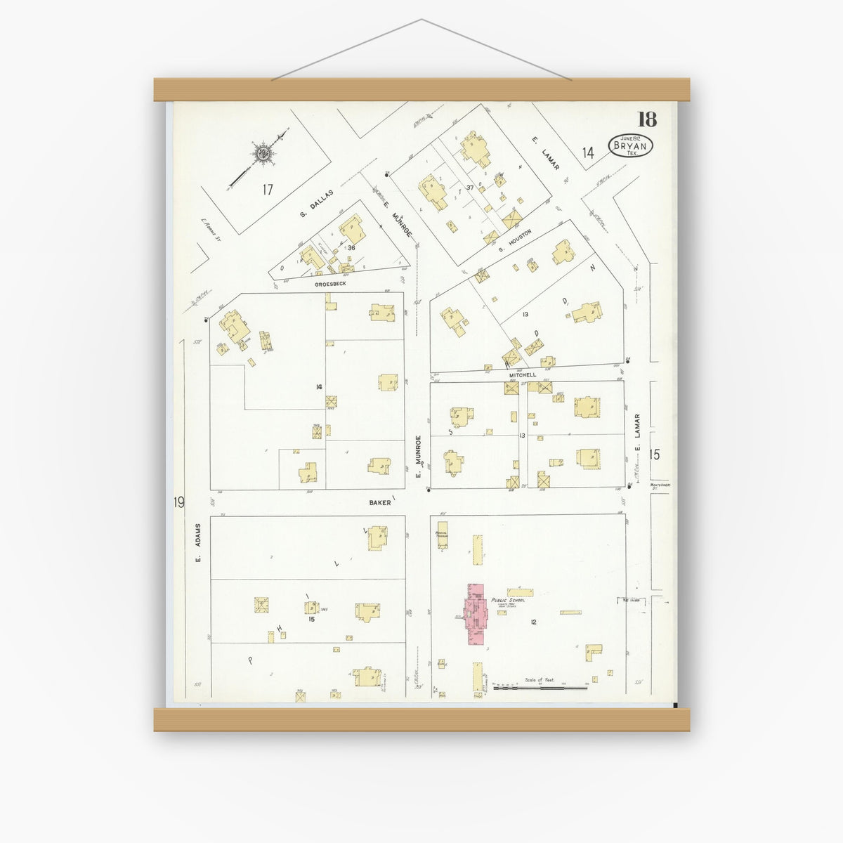 Old map wall art mockup — magnetic wood frame on white wall — Sanborn Fire Insurance Map from Bryan, Brazos County, Texas (1912), Sheet #0018