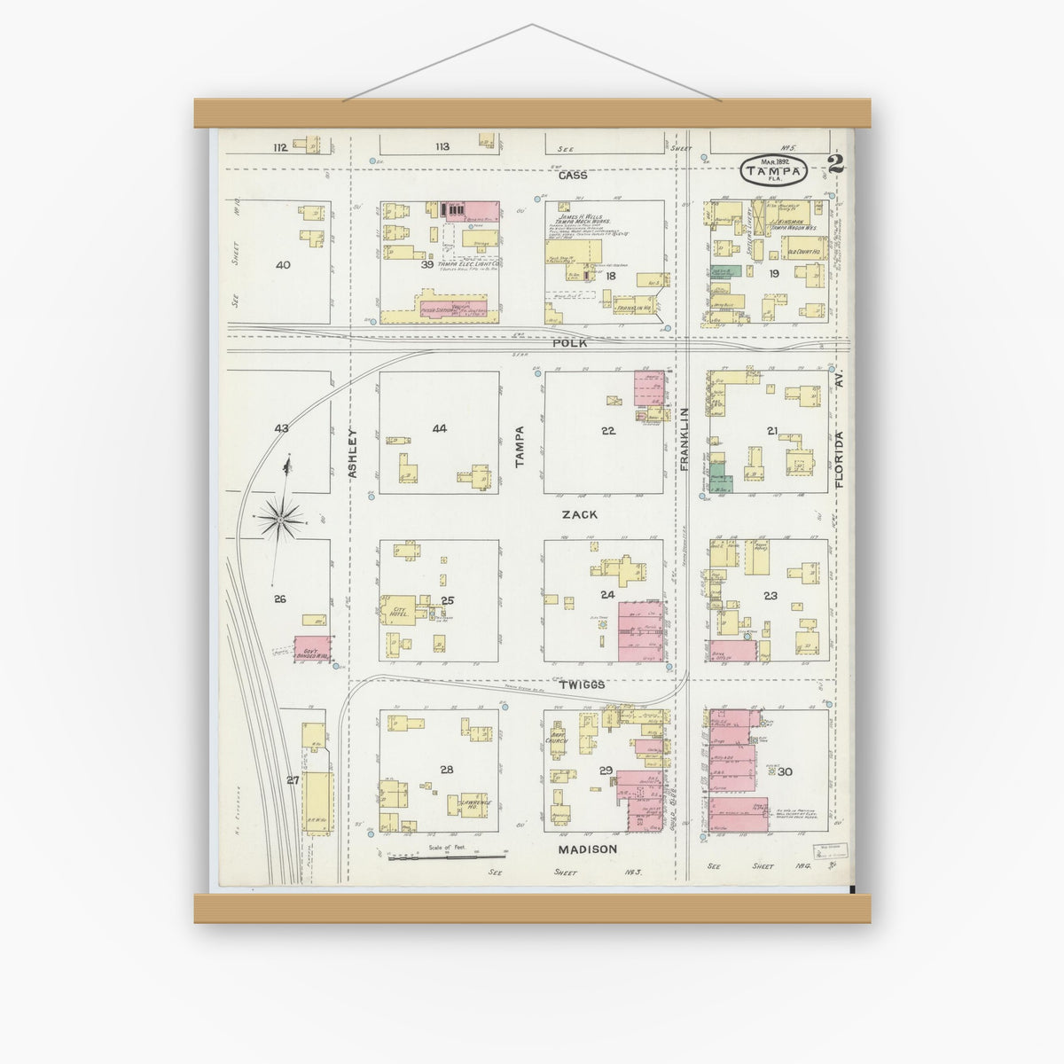 Old map wall art mockup — magnetic wood frame on white wall — Sanborn Fire Insurance Map from Tampa, Hillsborough County, Florida (1892), Sheet #0002