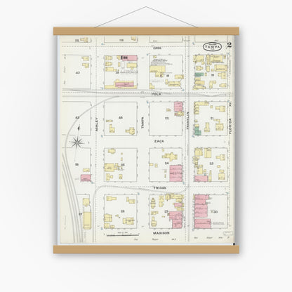 Old map wall art mockup — magnetic wood frame on white wall — Sanborn Fire Insurance Map from Tampa, Hillsborough County, Florida (1892), Sheet #0002