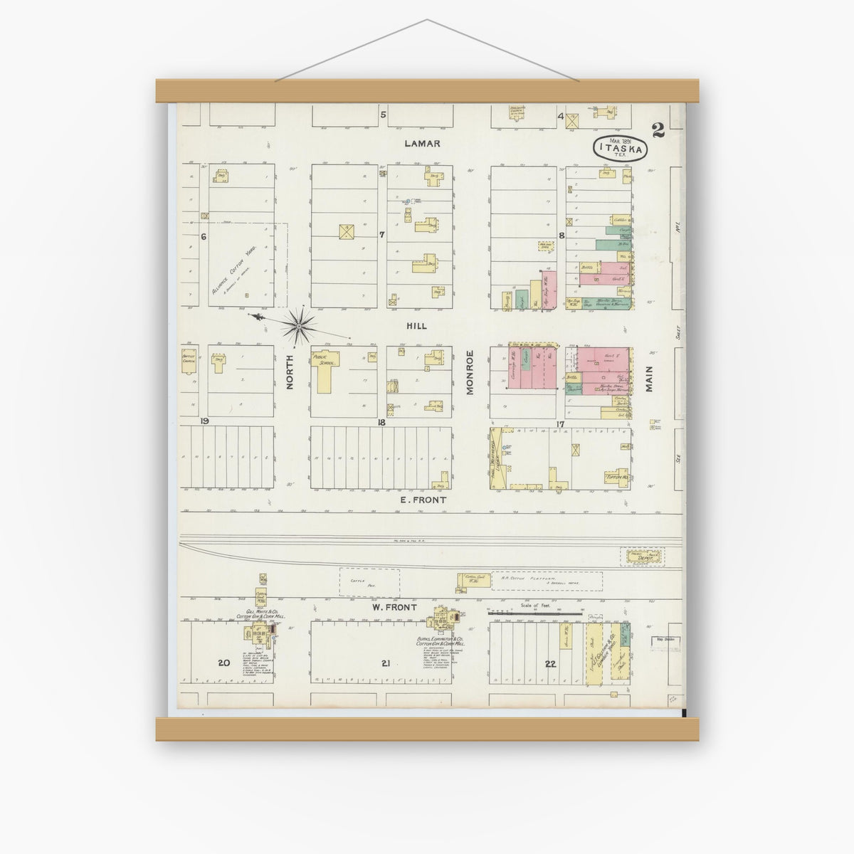 Old map wall art mockup — magnetic wood frame on white wall — Sanborn Fire Insurance Map from Itasca, Hill County, Texas (1891), Sheet #0002