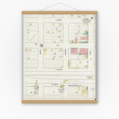 Old map wall art mockup — magnetic wood frame on white wall — Sanborn Fire Insurance Map from Itasca, Hill County, Texas (1891), Sheet #0002