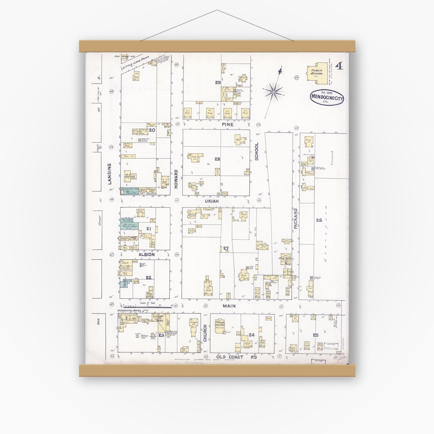Old map wall art mockup — magnetic wood frame on white wall — Sanborn Fire Insurance Map from Mendocino, Mendocino County, California (1890), Sheet #0004