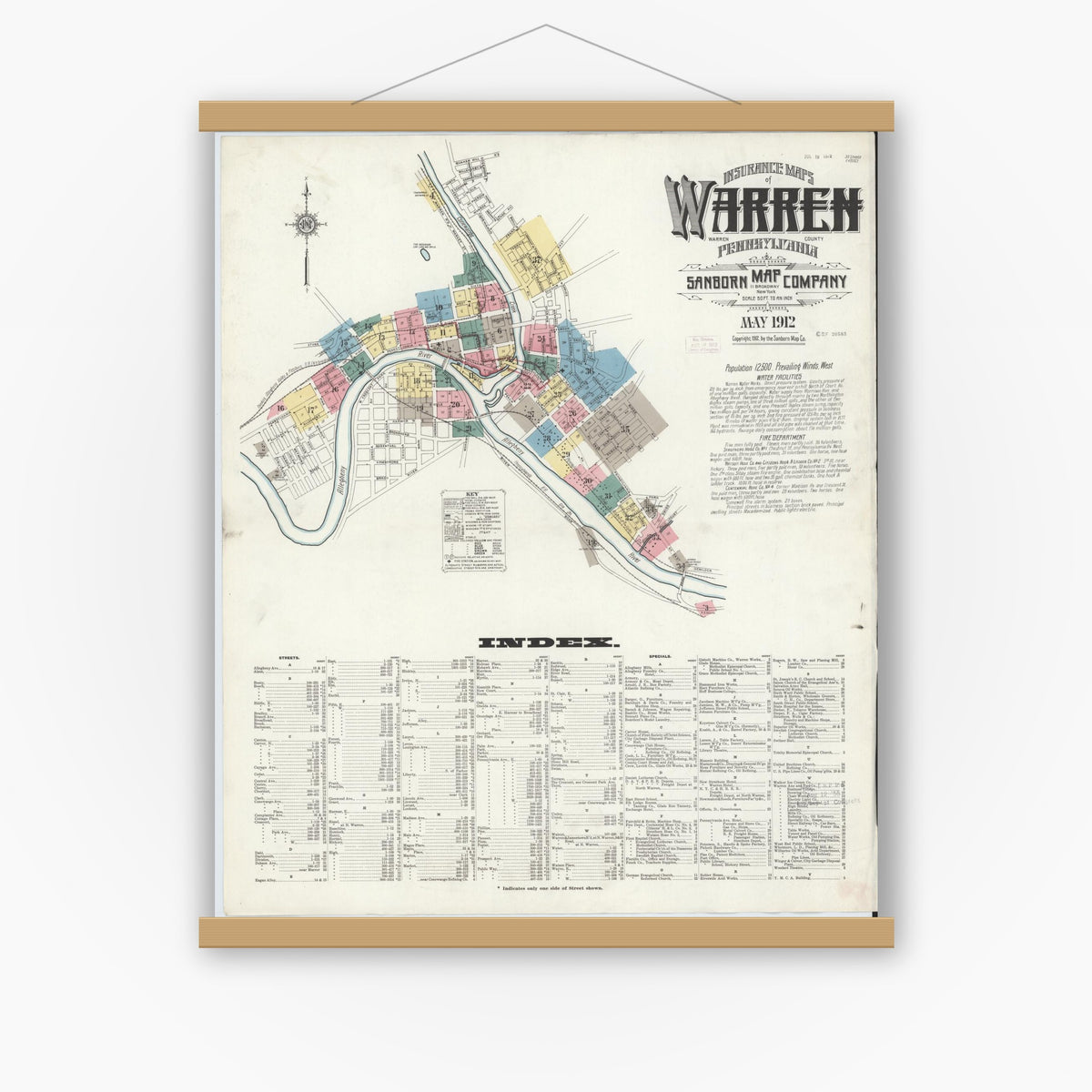 Old map wall art mockup — magnetic wood frame on white wall — Sanborn Fire Insurance Map from Warren, Warren County, Pennsylvania (1912), Sheet #0001
