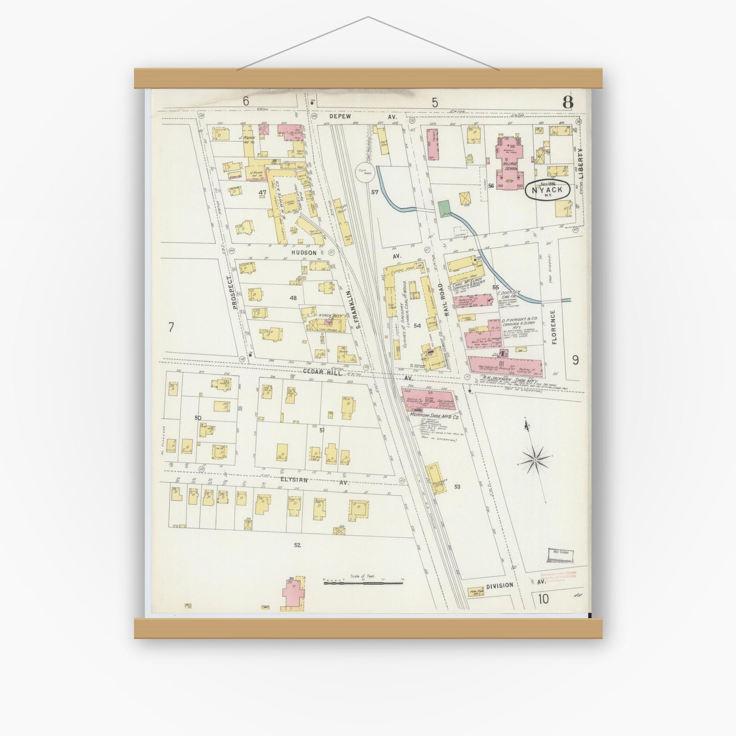 Old map wall art mockup — magnetic wood frame on white wall — Sanborn Fire Insurance Map from Nyack, Rockland County, New York. (1896), Sheet #0008