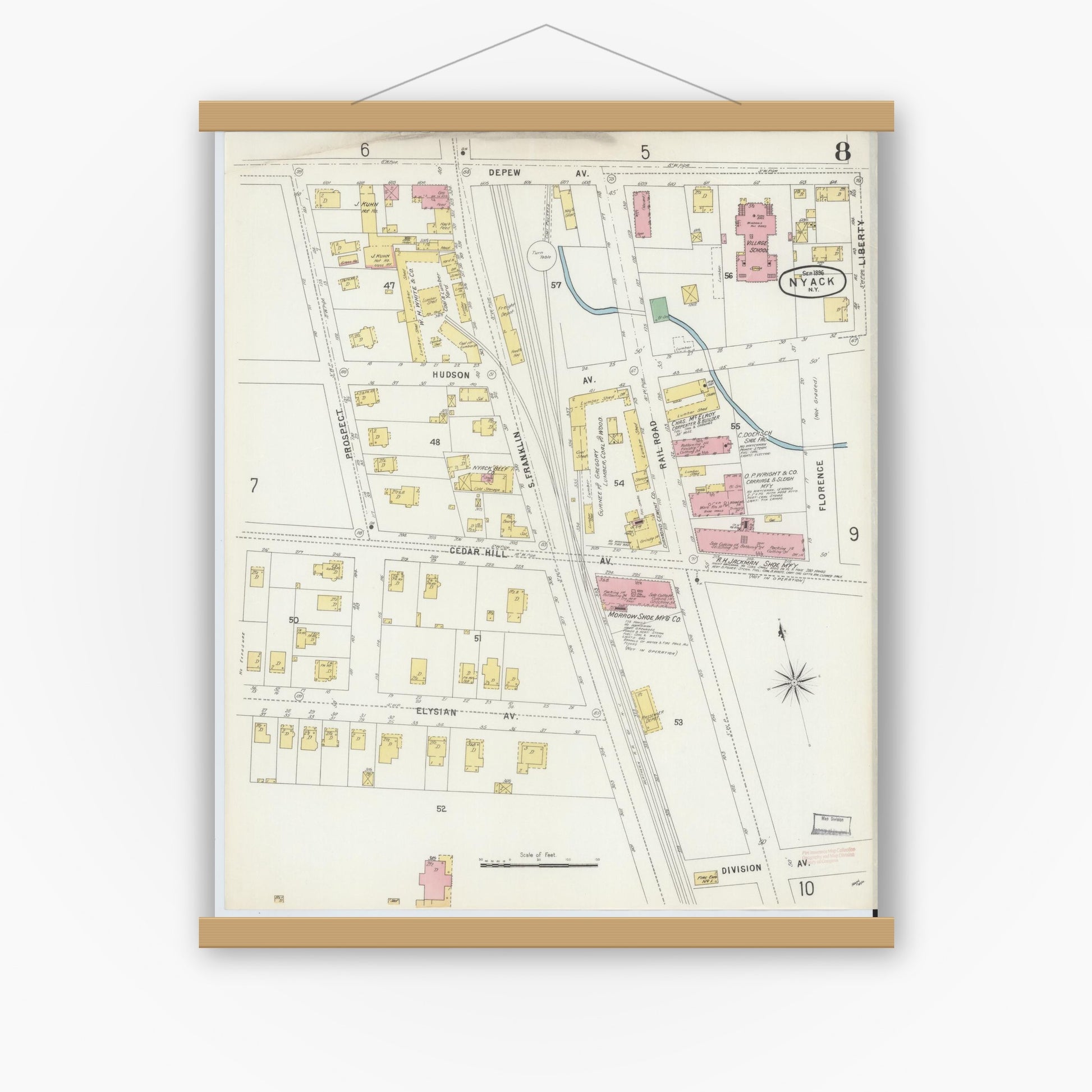 Old map wall art mockup — magnetic wood frame on white wall — Sanborn Fire Insurance Map from Nyack, Rockland County, New York. (1896), Sheet #0008