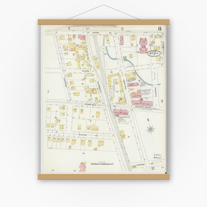 Old map wall art mockup — magnetic wood frame on white wall — Sanborn Fire Insurance Map from Nyack, Rockland County, New York. (1896), Sheet #0008