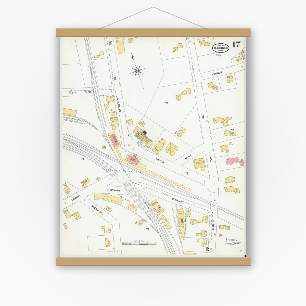 Old map wall art mockup — magnetic wood frame on white wall — Sanborn Fire Insurance Map from Gardner, Worcester County, Massachusetts (1905), Sheet #0017