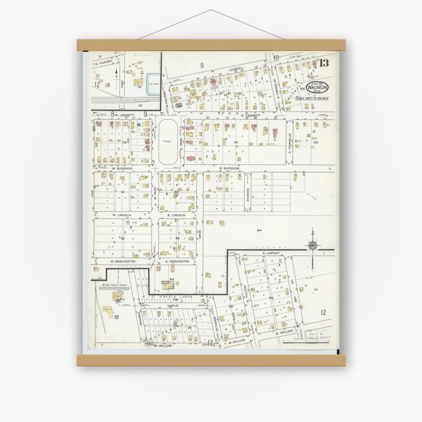 Old map wall art mockup — magnetic wood frame on white wall — Sanborn Fire Insurance Map from Wauseon, Fulton County, Ohio (1916), Sheet #0013