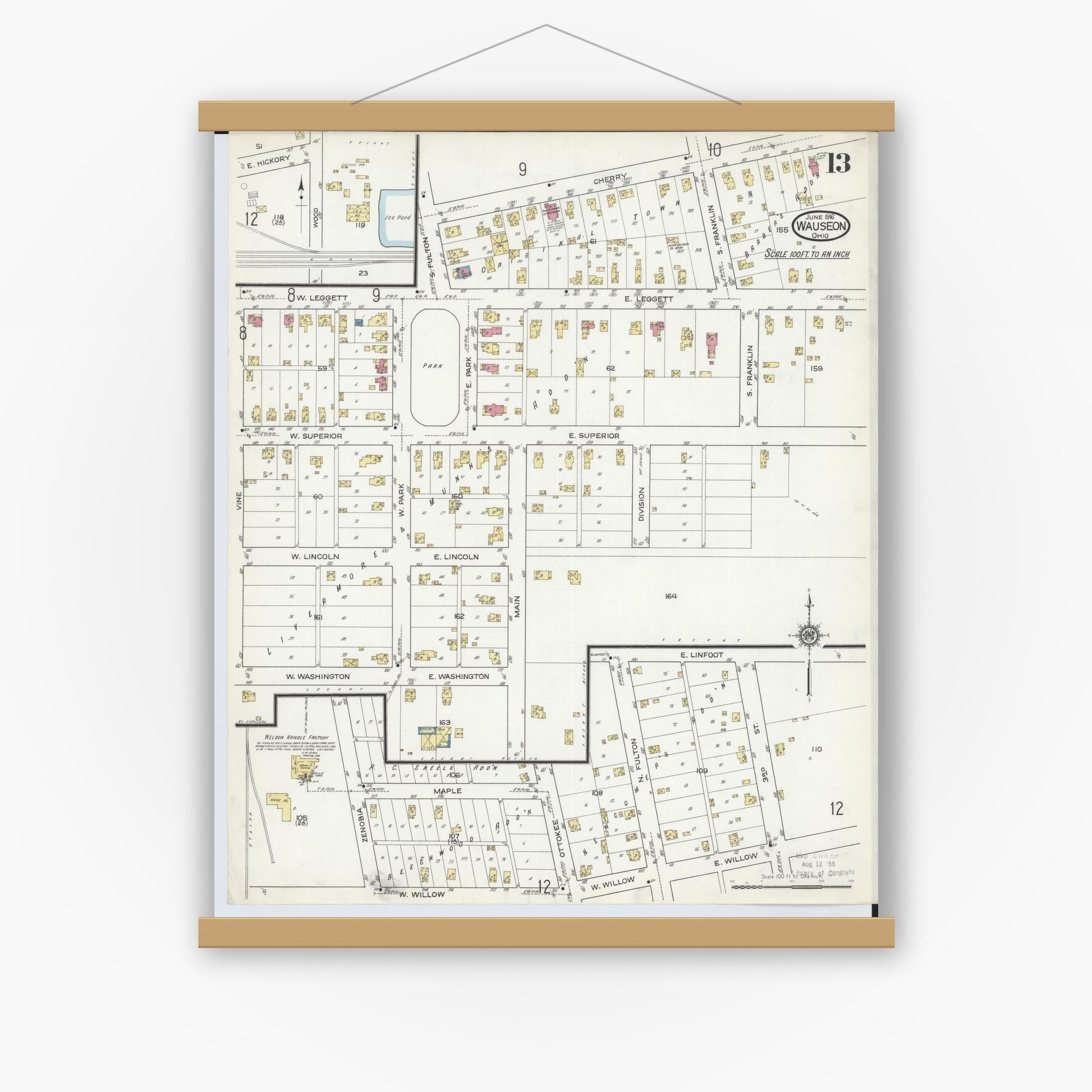 Old map wall art mockup — magnetic wood frame on white wall — Sanborn Fire Insurance Map from Wauseon, Fulton County, Ohio (1916), Sheet #0013