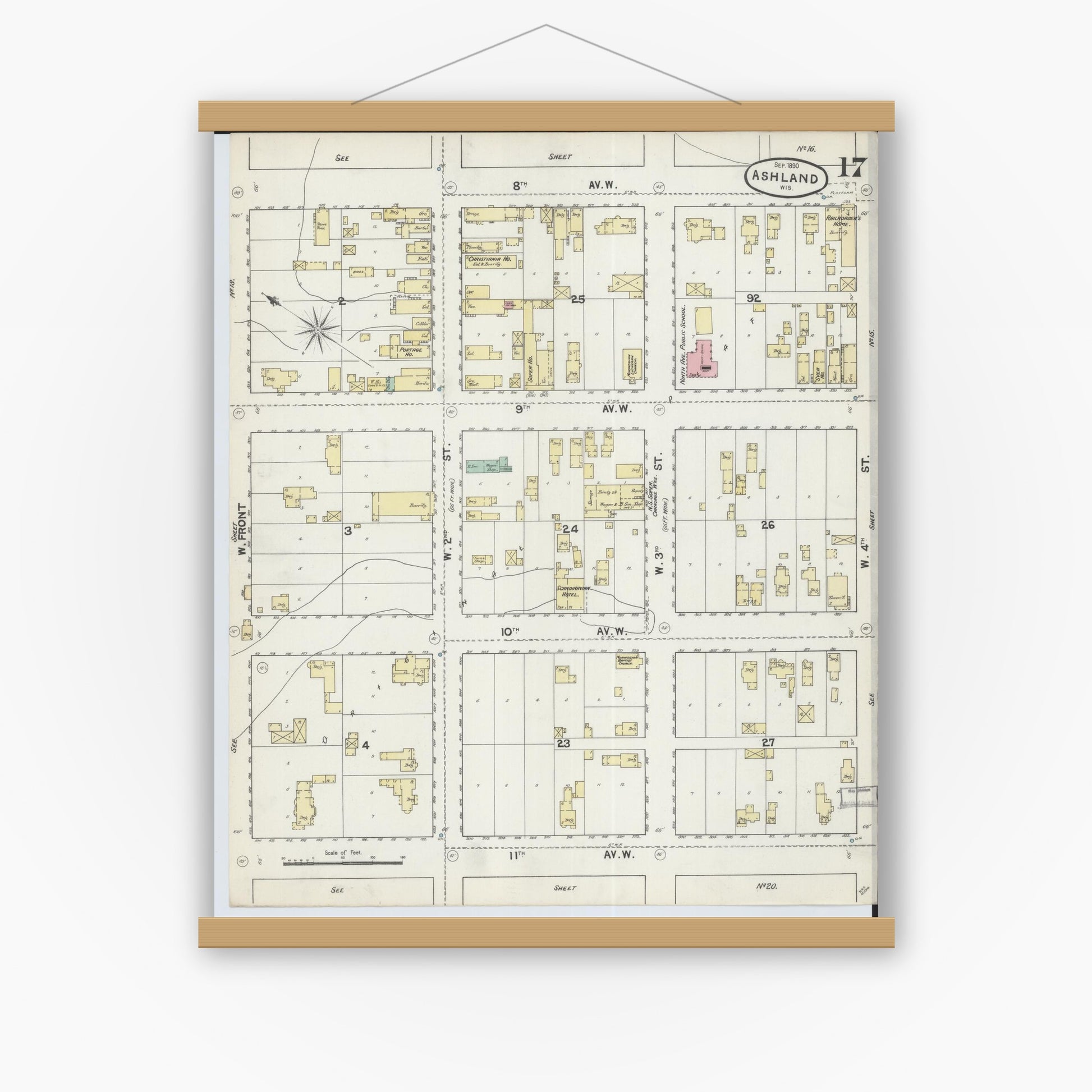 Old map wall art mockup — magnetic wood frame on white wall — Sanborn Fire Insurance Map from Ashland, Ashland County, Wisconsin (1890), Sheet #0017