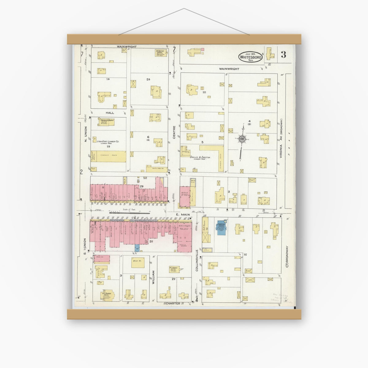 Old map wall art mockup — magnetic wood frame on white wall — Sanborn Fire Insurance Map from Whitesboro, Grayson County, Texas (1915), Sheet #0003