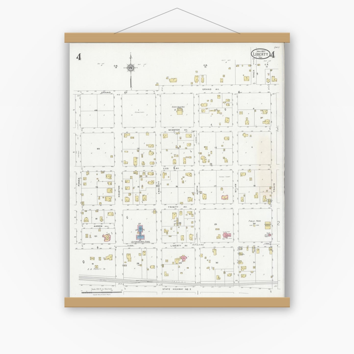 Old map wall art mockup — magnetic wood frame on white wall — Sanborn Fire Insurance Map from Liberty, Liberty County, Texas (1927), Sheet #0004