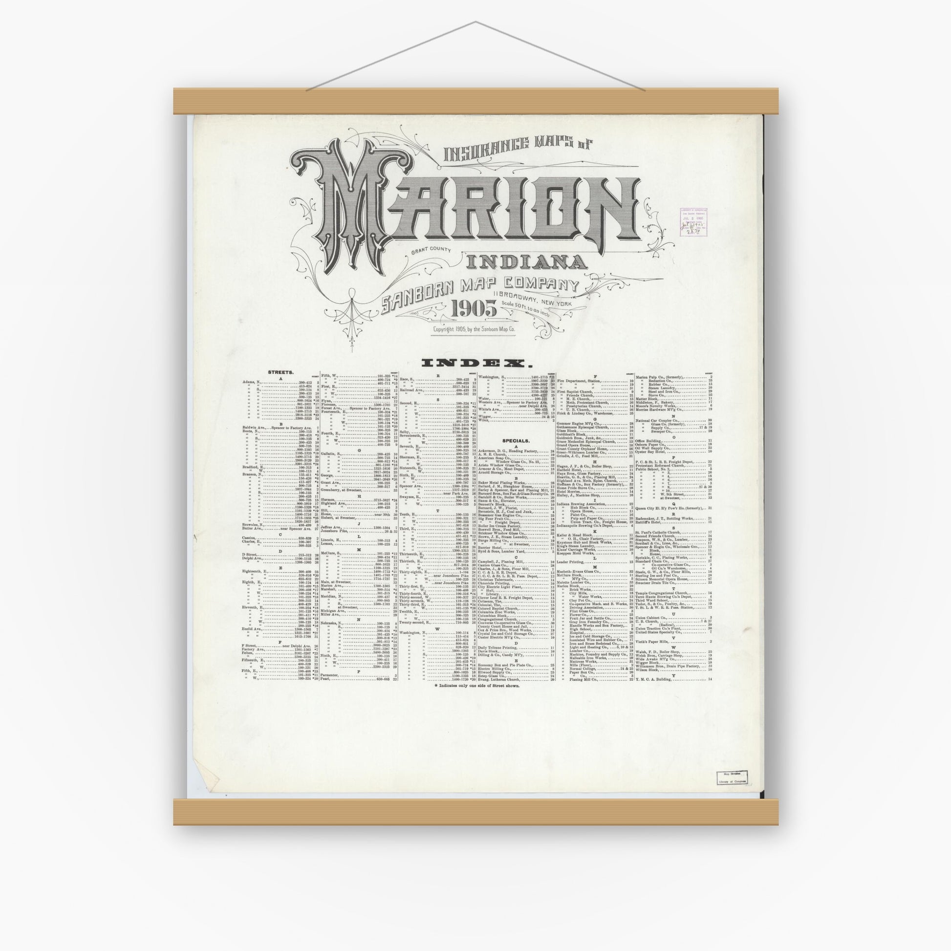 Old map wall art mockup — magnetic wood frame on white wall — Sanborn Fire Insurance Map from Marion, Grant County, Indiana (1905), Sheet #0001