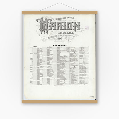 Old map wall art mockup — magnetic wood frame on white wall — Sanborn Fire Insurance Map from Marion, Grant County, Indiana (1905), Sheet #0001