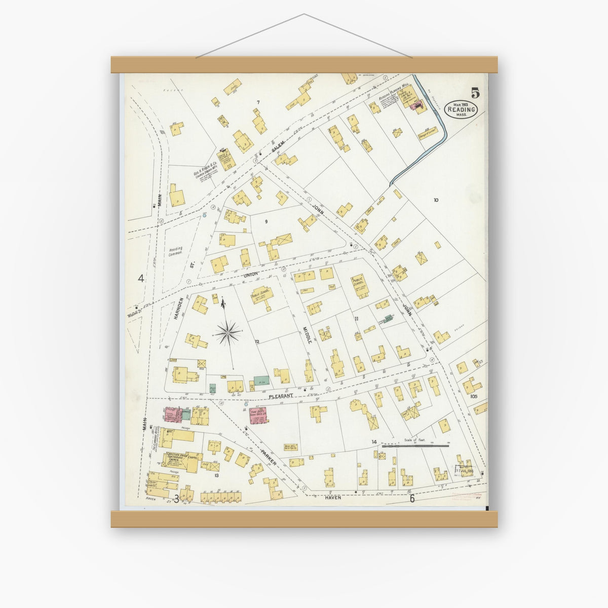 Old map wall art mockup — magnetic wood frame on white wall — Sanborn Fire Insurance Map from Reading, Middlesex County, Massachusetts (1903), Sheet #0005