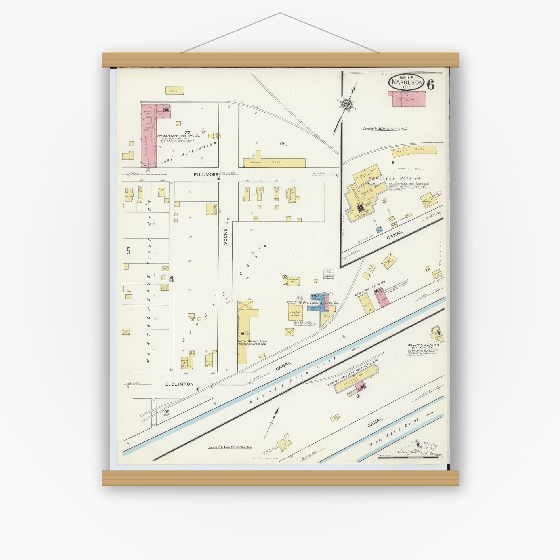 Old map wall art mockup — magnetic wood frame on white wall — Sanborn Fire Insurance Map from Napoleon, Henry County, Ohio (1916), Sheet #0006