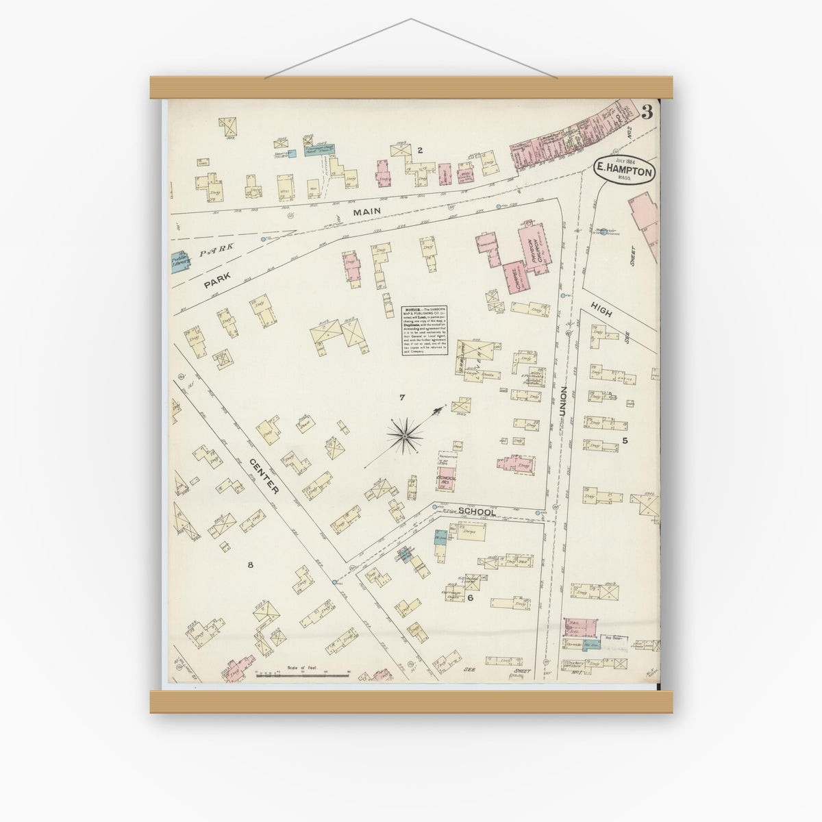 Old map wall art mockup — magnetic wood frame on white wall — Sanborn Fire Insurance Map from East Hampton, Hampshire County, Massachusetts (1884), Sheet #0003
